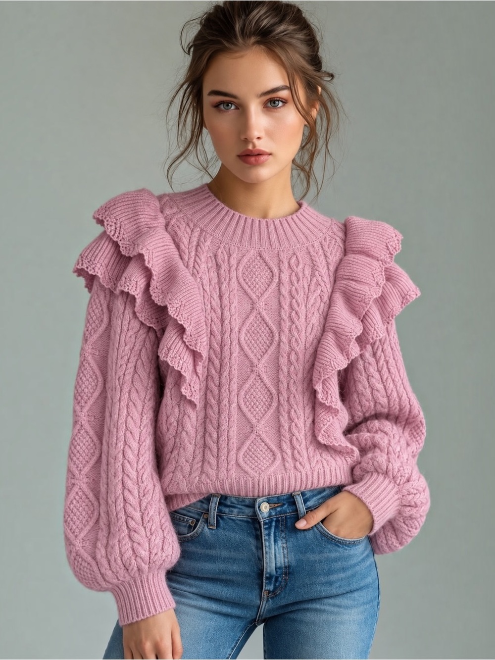 NWT Candy Pink Cable Knit Ruffle Sweater Size L Coquette Romantic Cozy Chic